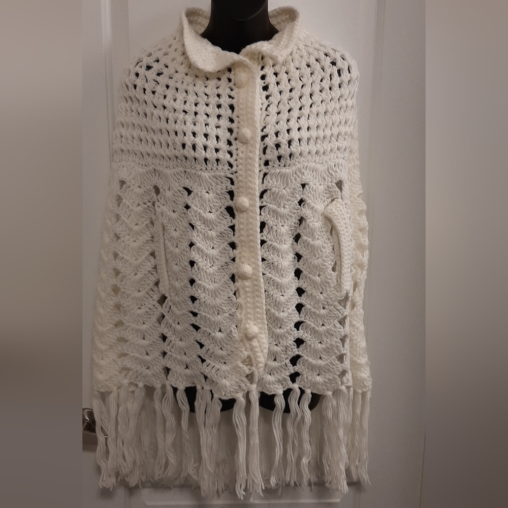 Vintage 70's Adorit White Knit Wrap Sweater Poncho Button Up Fringes BOHO